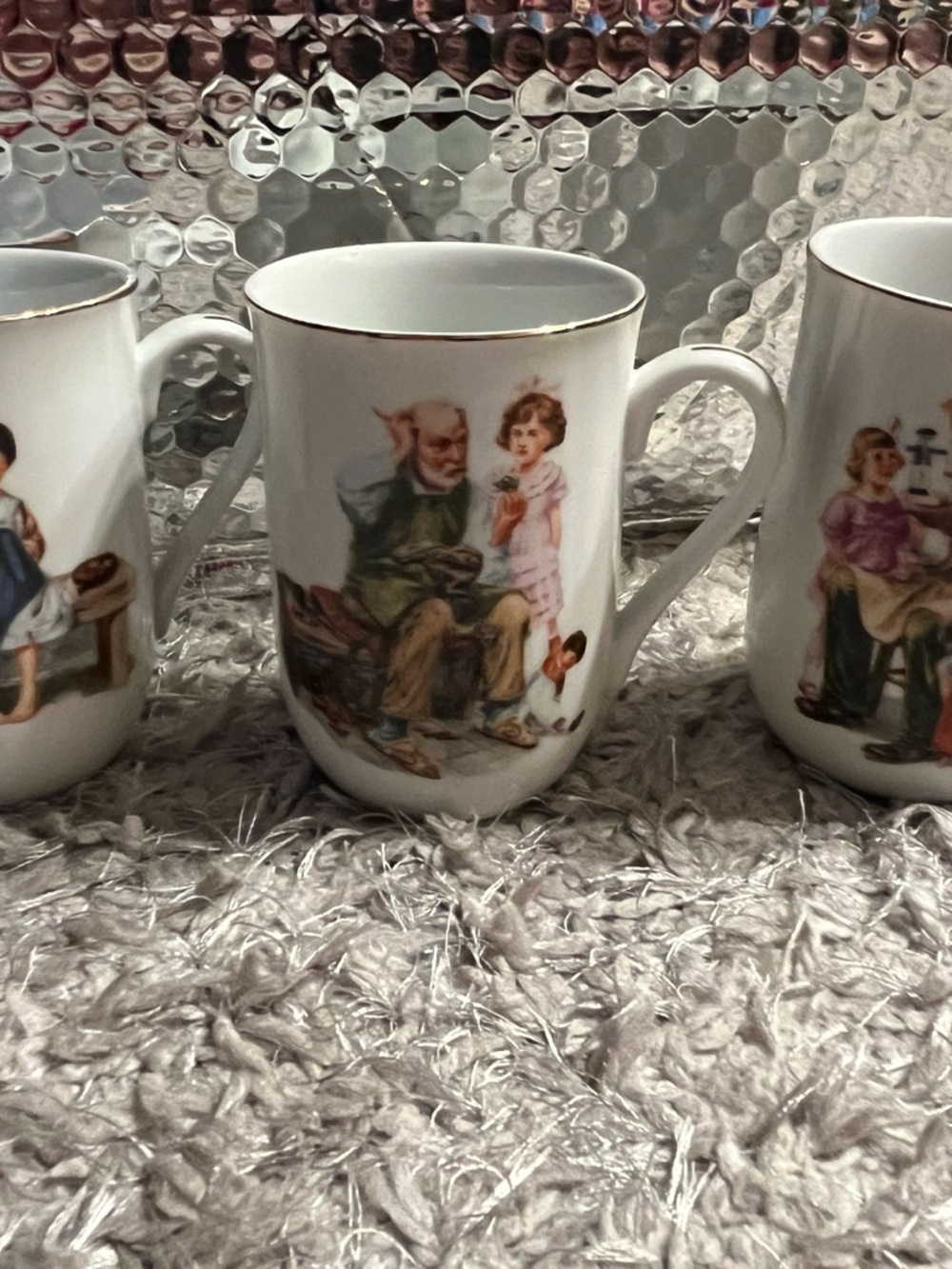 White Porcelain Gold-Trimmed Decorative Mug with Vintage Scene